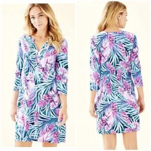 Lilly Pulitzer Daphne Dress XL Blue Pink Floral Shift 3/4 Sleeves Resort Preppy